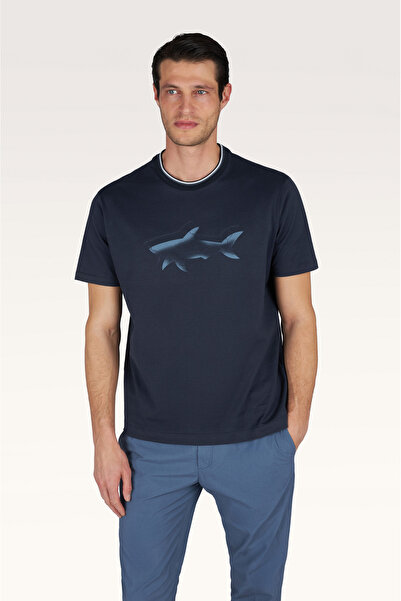 PAUL&SHARK Erkek Kısa Kol Pamuklu Bisiklet Yaka Balık Desenli Lacivert T-Shirt