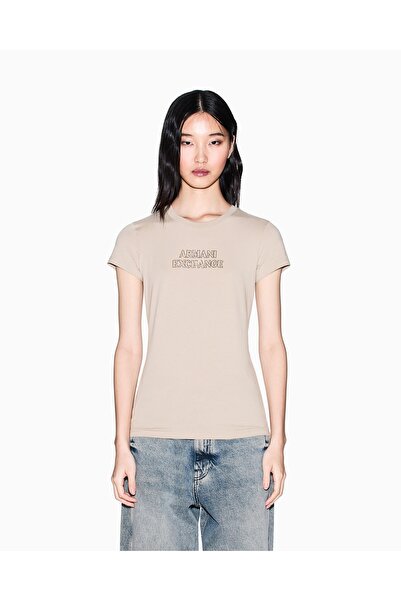 Armani Exchange تي شيرت نسائي من القطن برقبة دائرية وأكمام قصيرة وشعار مطبوع ...