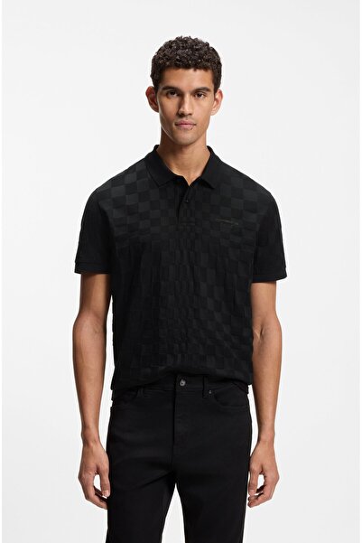 BOSS Erkek Kısa Kol Düğme Kapamalı Yaka Desenli Siyah Polo Yaka T-Shirt