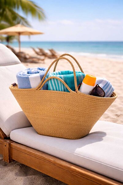 HLM TEKSTİL Ψάθινη τσάντα παραλίας, ψάθινη, τσάντα από γιούτα, γυναικεία τσάν...