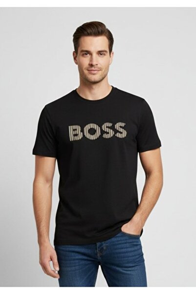 BOSS Erkek Logolu Bisiklet Yaka Kısa Kol Standart Siyah T-Shirt