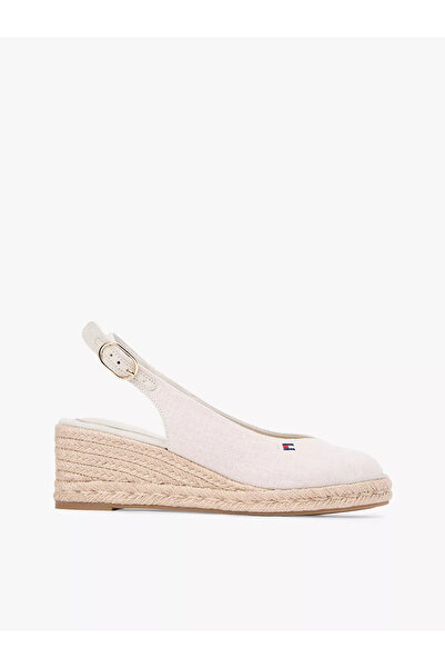 Tommy Hilfiger Kadın Hasır Dolgu Topuk Keten Düz Kumaş Rahat Taban Bej Dolgu ...