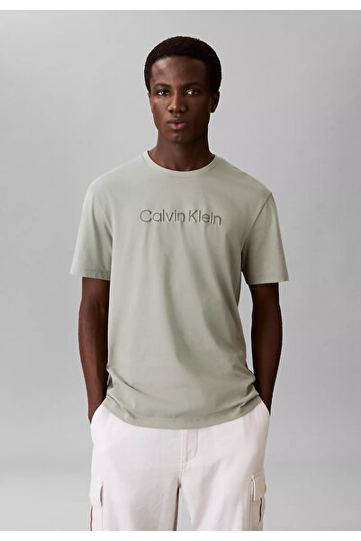 Calvin Klein Erkek Kısa Kol Bisiklet Yaka CALVIN Yazı Desenli Pamuklu Gri T-S...