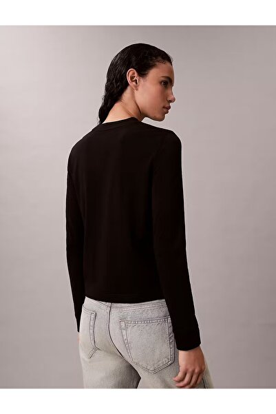Calvin Klein Kadın Regular Fit %100 Pamuklu Yuvarlak Yakalı Logo İşlemeli Uzun Kollu Siyah T-Shirt