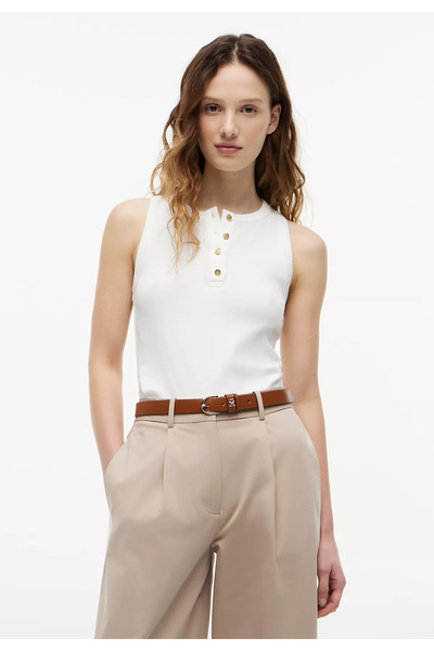 Tommy Hilfiger Kadın Kolsuz Gold Düğmeli Slim Fit Beyaz T-Shirt