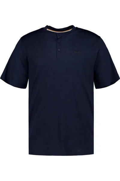 BOSS Erkek Normal Kalıp Düğmeli Yaka Yün İçerikli Kısa Kollu Lacivert T-Shirt