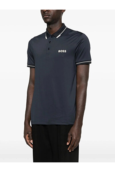 BOSS Erkek Slim Fit Kontrast Logolu Kısa Kollu Lacivert T-Shirt