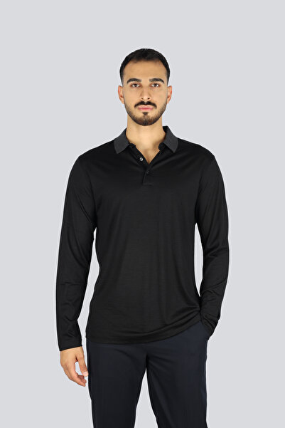 BOSS Erkek Normal Kalıp Uzun Kollu %100 Yün Triko Siyah Polo Yaka T-Shirt