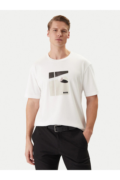 BOSS Erkek Normal Kalıp Yuvarlak Yakalı Desenli Kısa Kollu Beyaz T-Shirt