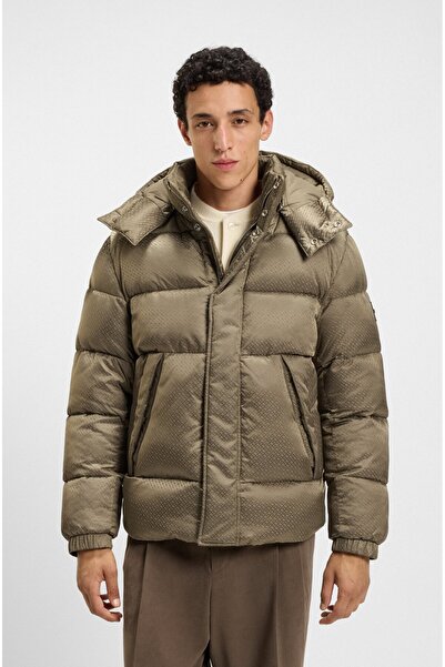 BOSS Men's Monogram Jacquard Logo Patterned Waterproof Hooded Brown Coat
