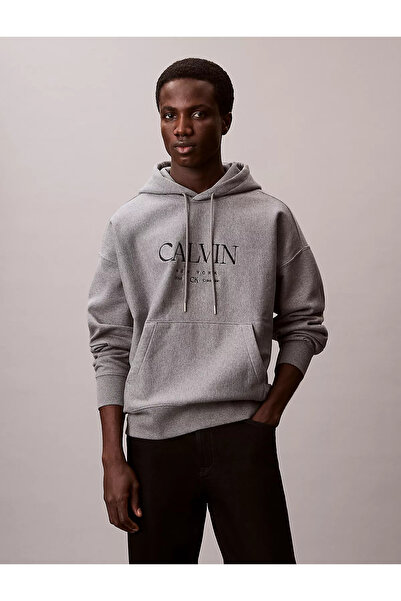 Calvin Klein Erkek Kapüşonlu Yaka Calvin Yazı Desen Uzun Kol Cep Detay Gri Sw...