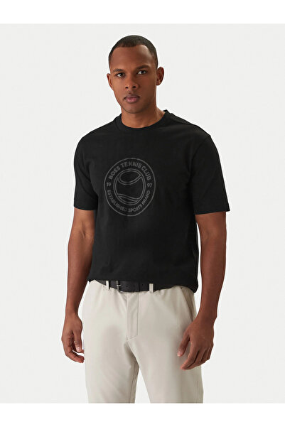 BOSS Erkek Normal Kalıp Yuvarlak Yakalı Baskılı Kısa Kollu Siyah T-Shirt