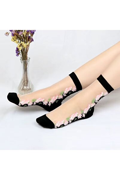 delis Sosete pentru dama, SS0160, model flori, Alb/Negru, marime universala