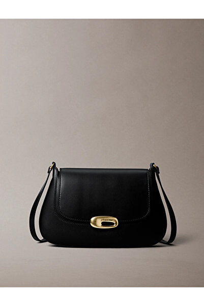Calvin Klein Women's Adjustable Cross Strap Leather Black Shoulder Bag with M...
