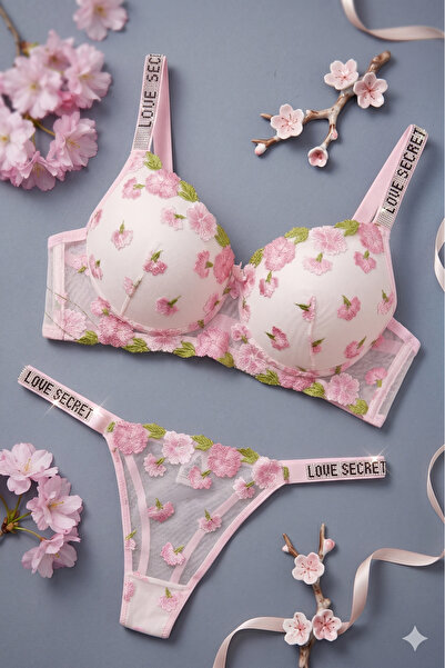 Tılsım Lingerie Love Secret Taşlı Çiçek Desenli Dolgulu B Kap Sütyen Takımı