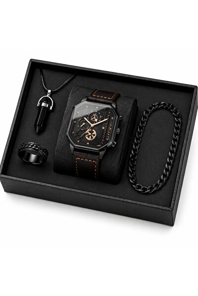 Geneva Platinum Σετ Δώρου Ανδρικό: Μαύρο Ρολόι Χαλαζία + Βραχιόλι Cuban + Δαχ...