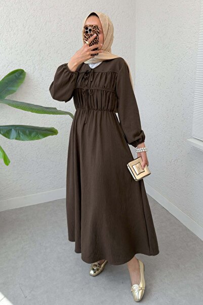 Salih Çelebi Drawstring Laced Hijab Dress 2319 - Brown
