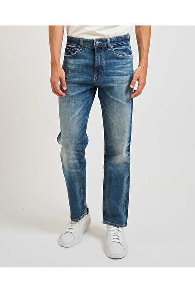BOSS Erkek Eskitme Desenli Normal Kalıp Pamuklu Esnek Denim Lacivert Jeans