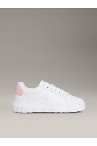 Calvin Klein Kadın Kontrast Desenli CK Logolu Deri Beyaz-Pembe Sneaker