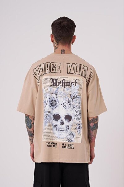 Machinist Ανδρικό μπλουζάκι Savage World με στάμπα σε μεγάλο μέγεθος, μπεζ