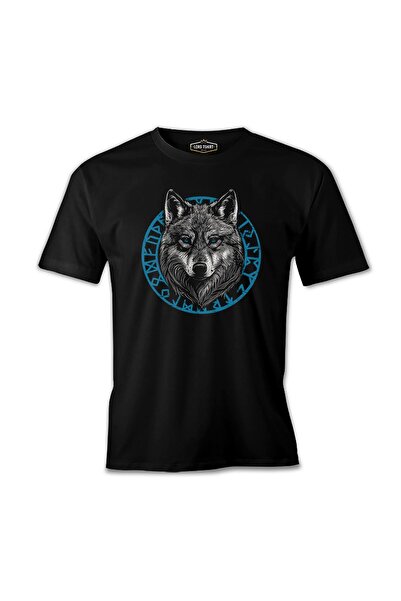 Lord T-Shirt تي شيرت رجالي أسود عليه شعار ذئب مع خلفية دائرية زرقاء على طراز ...