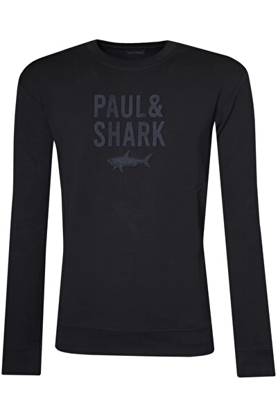 PAUL&SHARK Men's Cotton Long Sleeve Navy Blue Sweatshirt with Logo Pattern on...