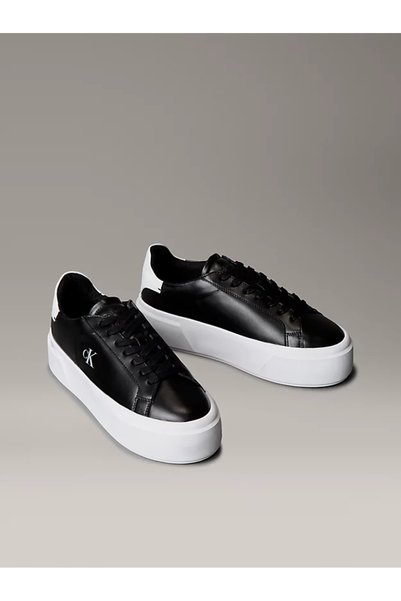 Calvin Klein Kadın Platform Taban CK Logolu Deri Siyah Sneaker