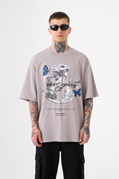 Machinist Oversize μπλουζάκι από βαμβάκι με στάμπα Free Spirit, ανοιχτό γκρι