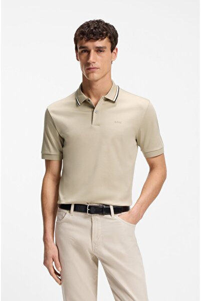 BOSS Erkek Pamuklu Polo Yakalı Düğme Kapamalı Kısa Kollu Bej2 Polo Yaka T-Shirt