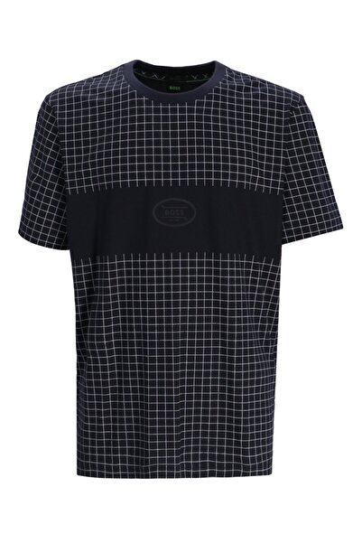 BOSS Erkek %100 Pamuklu Yuvarlak Yaka Kare Desenli Kısa Kollu Lacivert T-Shirt