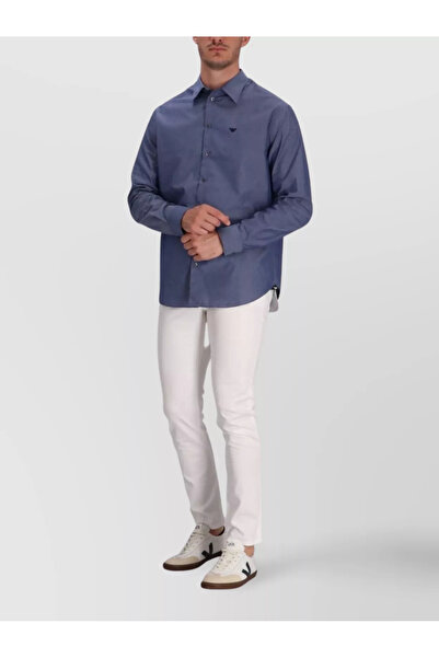 Emporio Armani Erkek Regular Fit Gömlek Yaka Pamuk Karışımlı Uzun Kollu Mavi ...