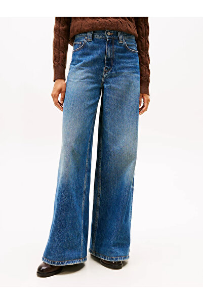 Tommy Hilfiger Kadın Yüksek Bel Rahat Kalıp Geniş Paça Pamuklu Denim Mavi Pan...