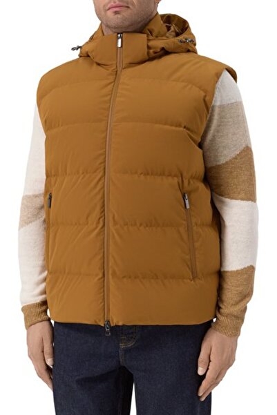 PAUL&SHARK Men's Quilted Patterned Padded Hooded Brown Vest