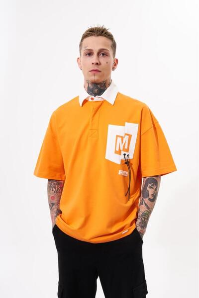 Machinist Erkek Constrast Pocket Oversize Polo Yaka Tişört Elektrik-Turuncu