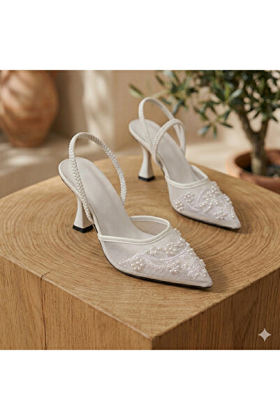 KM shoes Boncuk İşlemeli Kadın Topuklu – Şeffaf Tül Detaylı Sivri Burun