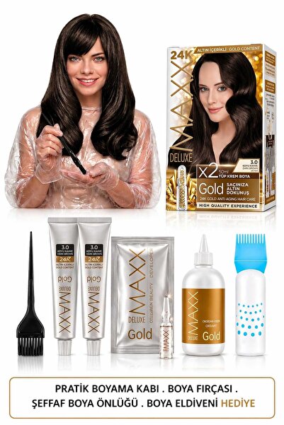 MAXX DELUXE Golden Beauty Set Saç Boyası 3.0 Koyu Kahve 2 'Lİ + Fırça+Pratik ...