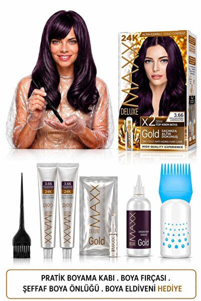MAXX DELUXE Golden Beauty Set Saç Boyası 3.66 Patlıcan Moru 2 'Li + Fırça+Pra...