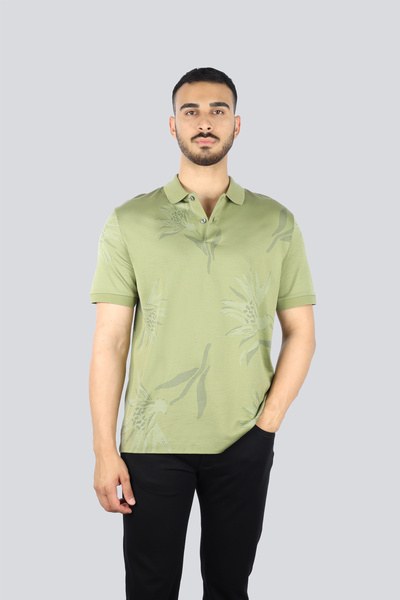 BOSS Erkek Polo Yaka Yaprak Desenli Kısa Kol Yeşil Polo Yaka T-Shirt