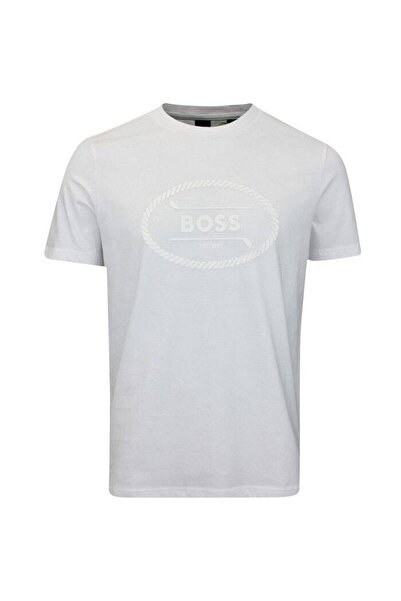 BOSS Erkek Yazılı Kısa Kollu Bisiklet Yaka Beyaz T-Shirt
