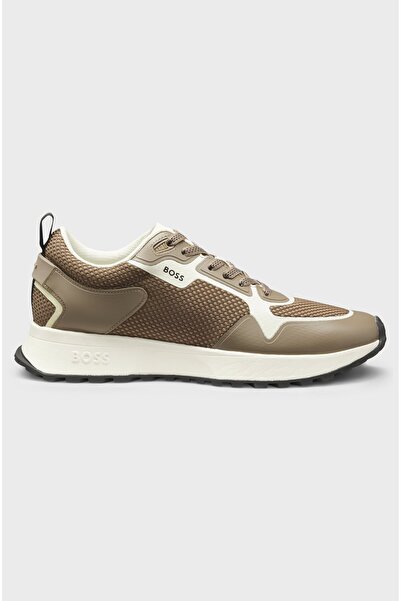 BOSS Erkek Marka Logolu Bağcıklı Kaydırmaz Tabanlı Günlük Bej Sneaker