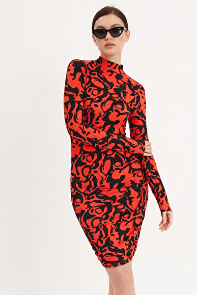 NEW JOURNAL Γυναικείο φόρεμα με μισό ζιβάγκο και κορδόνια σε χρώμα κοραλί APP...