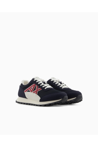Armani Exchange Men's Suede and Mesh Detailed Ax Logo Comfortable and High Sole Navy Blue Shoes Xux263 Xv942-U661