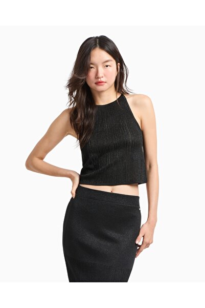 Armani Exchange Γυναικείο μπλουζάκι με μεταλλική όψη, πλεκτό, με στρογγυλή λα...