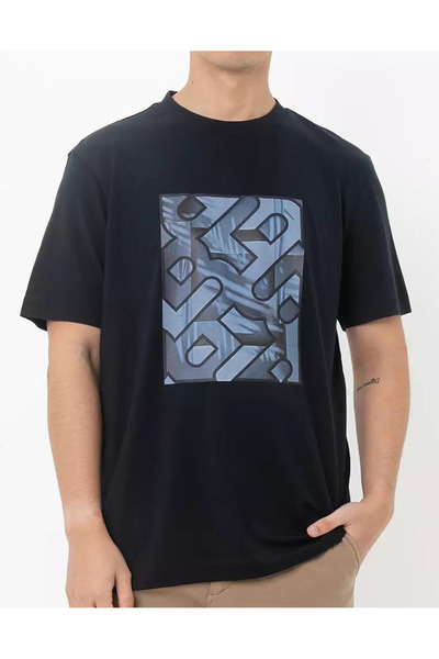 BOSS Erkek %100 Pamuklu Desenli Yuvarlak Yakalı Kısa Kollu Lacivert T-Shirt