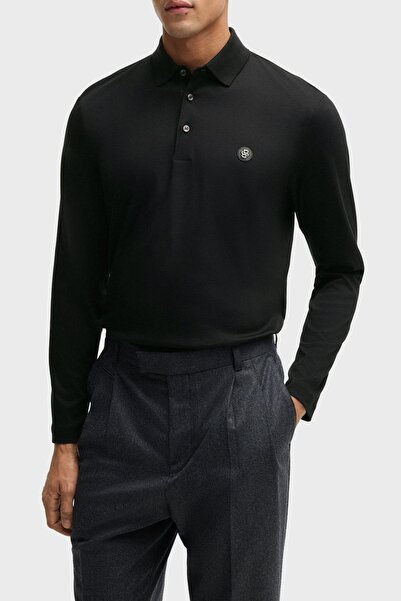 BOSS Erkek Polo Yaka Uzun Kollu Pamuklu Rahat Kesim Siyah1 Polo Yaka T-Shirt