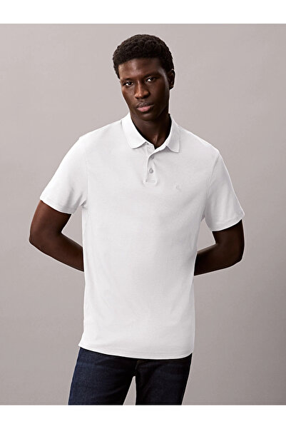 Calvin Klein Erkek Düğme Kapama Polo Yaka Kısa Kol Pamuklu Beyaz Polo Yaka T-...