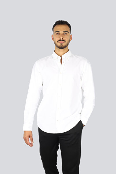 BOSS Erkek Slim Fit %100 Pamuklu Logo İşlemeli Uzun Kollu Beyaz Gömlek