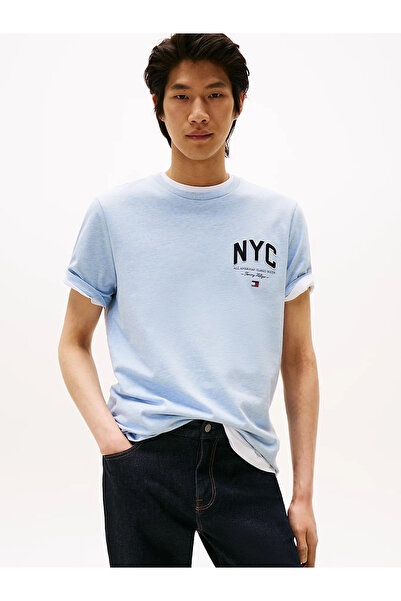 Tommy Hilfiger Men's Short Sleeve Crew Neck Nyc Text Pattern Blue T-Shirt