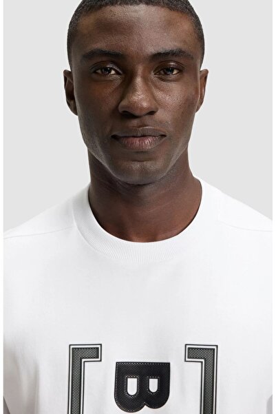 BOSS Erkek Bisiklet Yaka Yazı Desen Kısa Kol Rahat Kesim Beyaz T-Shirt
