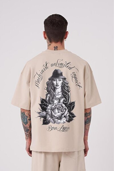 Machinist Erkek Rose Baskılı Oversize Tişört Açık Bej